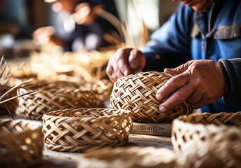 Craftsman working on basketry, straw baskets. Traditional crafts. Handmade. AI generated - obrazy, fototapety, plakaty