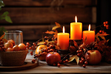 A rustic table centerpiece with candles and autumn foliages. Generative AI