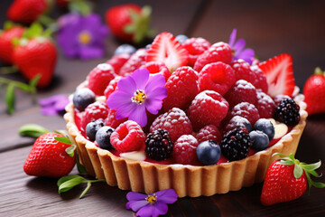 Appetizing fruit tart consisting of blueberries and raspberries with blossoms. Generative AI