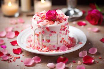 Obraz na płótnie Canvas A romantic homemade pink cake adorned with rose petals. Generative AI