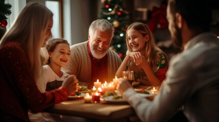 Obraz na płótnie Canvas A family holiday on Christmas Eve, a joyful idyll and happy smiles at the table in a cozy festive atmosphere