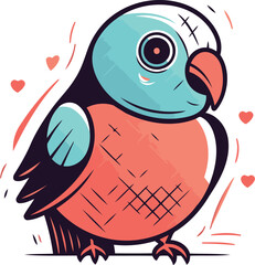 Cute cartoon parrot with hearts. Vector illustration for your design