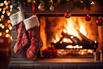 christmas stocking on fireplace - obrazy, fototapety, plakaty