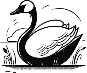 Obraz premium Black and white illustration of a swan on a lake. Vector image.