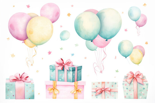 pastel colors Hand painted gift boxes and balloons 