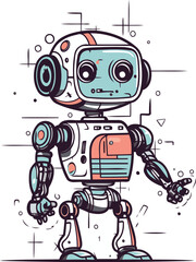 Cute robot hand drawn vector illustration. Cartoon style. Isolated on white background.