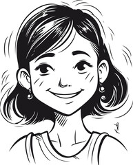 Portrait of a smiling girl. Vector illustration in black and white.