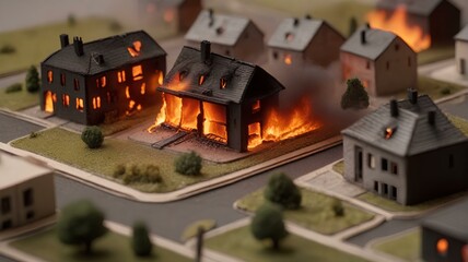 住宅のミニチュア模型が燃える。住宅火災のイメージ｜A miniature model of a house catches fire. Image of a house fire. Generative AI