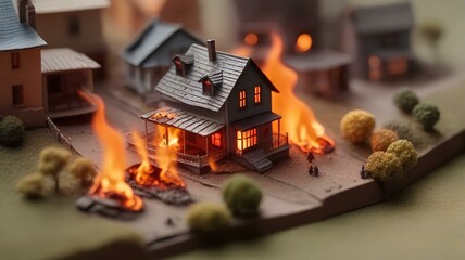 住宅のミニチュア模型が燃える。住宅火災のイメージ｜A miniature model of a house catches fire. Image of a house fire. Generative AI - obrazy, fototapety, plakaty