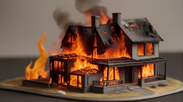 住宅のミニチュア模型が燃える。住宅火災のイメージ｜A miniature model of a house catches fire. Image of a house fire. Generative AI