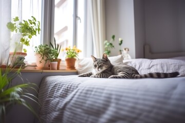 domestic cat pet sleeping on the gray bed in modern scandinavian interior of bedroom with many green house plants, cosy, home interior design.