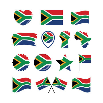 South Africa flag icon set vector isolated on a white background. South African Flag graphic design element. Flag of South Africa symbols collection. Set of South Africa flag icons in flat style