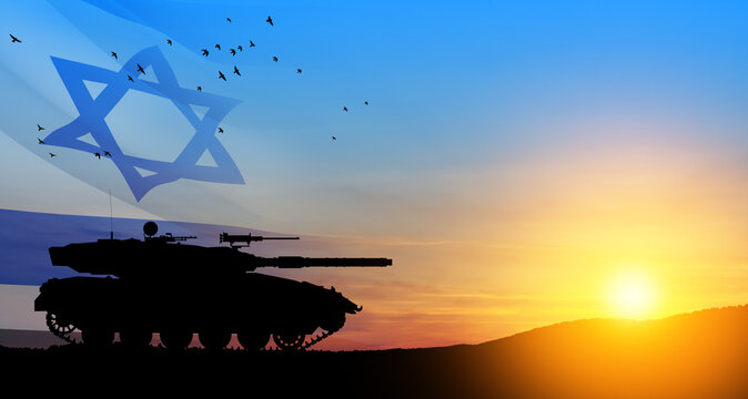Silhouette of army tank at sunset sky background with Israel flag. Military machinery.