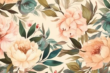 Soft watercolor floral pattern with peony flowers and green leaves on a beige background, in a vintage boho style. Generative AI