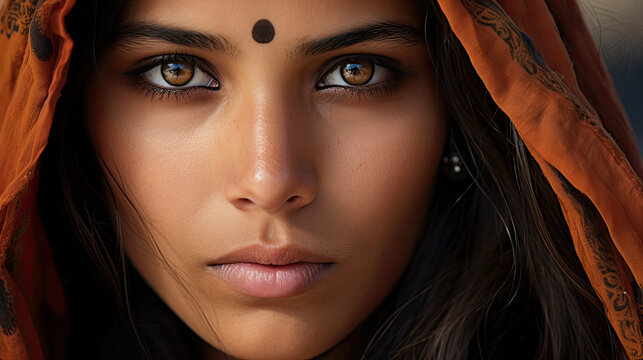 Captivating Portrait of a Young Indian Woman with Intense Expression - Cultural Heritage in Vivid Detail. Generative AI