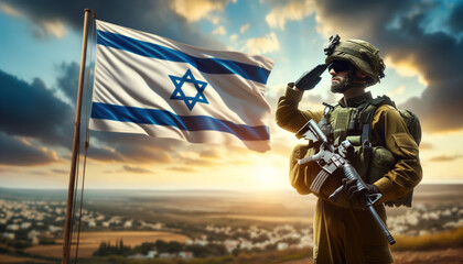 Israeli Soldier in Military Special Forses Uniform, Army Saluting against the National flag over the desert of Qumran and the Hebrew, Star of David Patriotic Mossad Veteran, armed forces of Israel - obrazy, fototapety, plakaty