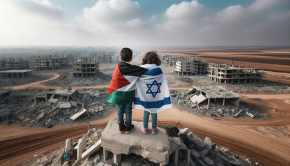 Fototapeta Israel vs Palestine War Conflict. Children of Hope, Boy and Girl Covered in National Flags with Ruined City Desert Landscape. Stop War and Peace Agreement Unity Concept, Gaza Historical Struggles  obraz