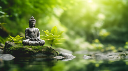 Gros plan sur une statue style bouddha assise en méditation dans une rivière. En arrière plan, une forêt. - obrazy, fototapety, plakaty