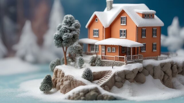 住宅のミニチュア模型に雪が積もる、小さな家のジオラマ、冬のイメージ｜Snow accumulates on a miniature model of a house. Diorama of a small house. winter image. Generative AI