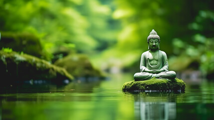 Une statue style bouddha assise en méditation dans une rivière.