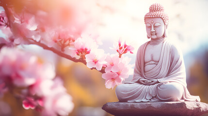 Une statue style bouddha assise en méditation dans un jardin avec des fleurs. - obrazy, fototapety, plakaty