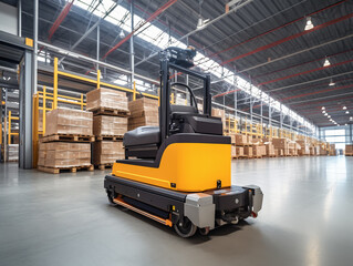 Fototapeta premium Automated guided vehicle in warehouse storage. Smart transportation for industry.