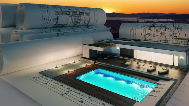 Bauplannung an einem Bungalow in moderner Architektur mit eienem Swimmingpool bei Abendbeleuchtung (Sonnenuntergang über Athen im Hintergrund) - 3D Visualisierung mit Video-Hintergrund
