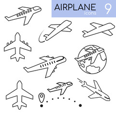 Airport Line Icons Editable Stroke. Plane icons set, passenger airplane, aircraft thin line design. Editable move.