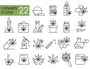 Medical marijuana. Cannabis related line icon set. Cannabidiol linear icons. Marijuanas outline vector signs and symbols. Vector illustration EPS10