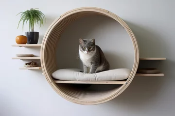 Tuinposter Creative round wooden house shelf for cats on wall, kitty indoors on cat tree from plywood. © Jim1786
