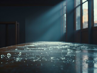 Ein Raum ist mit Licht durchflutet und am Boden sind überall Scherben verteilt und kann als Hintergrund dienen - obrazy, fototapety, plakaty