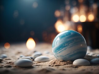 Eine blaue weiße Kugel liegt mit anderen Steinen im Sand am Abend und das Setting kann als Hintergrund dienen - obrazy, fototapety, plakaty