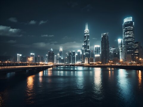 Eine Stadt bei Nacht langzeitbeleuchtet, sehr viele Lichter, ein Fluss, Spiegelungen und Hochhäuser © - Pegasus GmbH