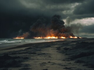 Abends am Strand und der Horizont brennt und scheint eine Katastrophe zu sein - obrazy, fototapety, plakaty