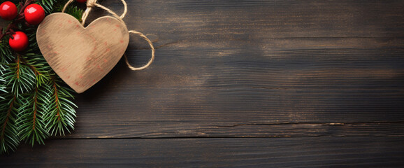 Rustic heart ornament with red berries and pine on wooden background. Christmas and New Year's holidays. Design for greeting card, banner, background with copy space for text