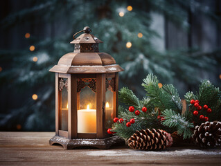 Fototapeta na wymiar Classic lantern illuminating beside pinecones and berries. Christmas and New Year's holidays. Design for greeting card, banner, background with copy space for text