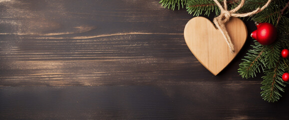 Simple wooden heart ornament next to red berries and pine on rustic background. Christmas and New Year concept. Design for greeting card, banner, background with copy space for text - Powered by Adobe