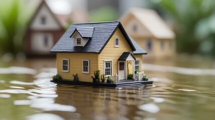 水没するミニチュアハウスモデル。水害のイメージ｜Miniature house model submerged in water. Image of flood damage. Generative AI