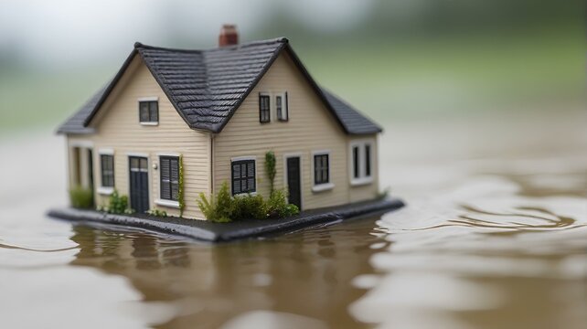 水没するミニチュアハウスモデル。水害のイメージ｜Miniature house model submerged in water. Image of flood damage. Generative AI