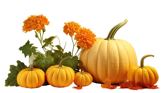 Colorful Autumn composition with pumpkins and leaves on a white or transparent background. PNG