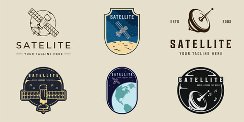 set of satellite logo vintage vector illustration template icon graphic design. bundle collection of various radar and antenna communication sign or symbol for space technology digital