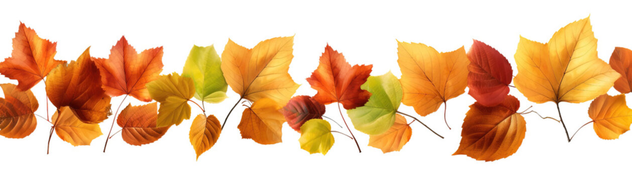 Autumn Leaves Border, Collection of Leaves Horizontal Line Isolated, Watercolor Clip Art Illustration, White or Transparent Background for Halloween and Thanksgiving. PNG