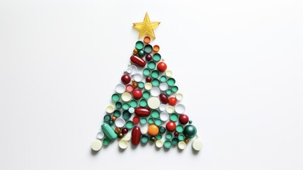 Festive Medicine: Pill Christmas Trees on White Flatlay for the Holidays