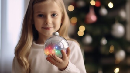 Naklejka premium Colorful Festive Fun: Child Holding Rainbow Christmas Ornament by Tree