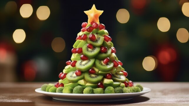 Colorful Vegetable and Fruit Christmas Tree: Kiwi and Pomegranate Ornaments for Healthy Kids' Party Snacks