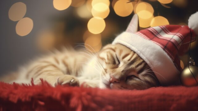 Cozy Christmas Cat Napping under the Festive Tree with Santa Hat and Plaid