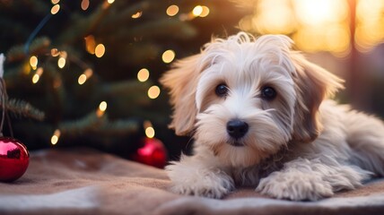 Cute Brown Dog Relaxing on Blurred Christmas Tree Background