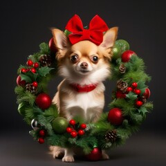 Fototapeta na wymiar Cute Chihuahua Pup in Festive Wreath: A Perfect Addition to Your Holiday Decorations!