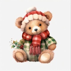 Cute Christmas Teddy Bear Toy with Knitted Painting Texture, Perfect Gift for Kids and Holiday Lovers - Isolated PNG with Transparent Background