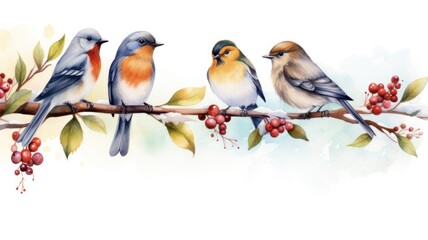 Cute Christmas Robins on Berry Branch: Watercolor Border for Invitations and Cards